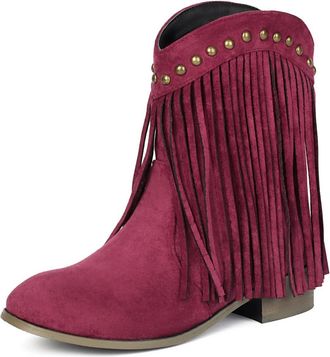 Generic Womens Fringe Ankle Boots Suede Round Toe Low Heel Studded Soft Lining Cushioned Insole Comfortable Non Slip Durable Daily Casual Party Shoes,Wine Red