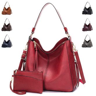 Generic Vintage PU Vegan Leather Handbags and Purse Sets for Women Fashion Tote Hobo Bags Shoulder Satchel Handbag Zip Wallet, B-red