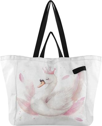 Generic Pink Swan print Reusable Canvas Tote Bag, Heavy Duty Grocery Shopping Bag with Large Capacity Double Handles Hard Bottom Work Groceries Travel