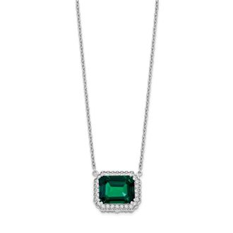 Diamond2Deal 14k White Gold Octagon Created Emerald and Diamond Pendant Necklace