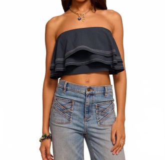 Ramy Brook Poppy Poplin Tiered Crop Top In Navy