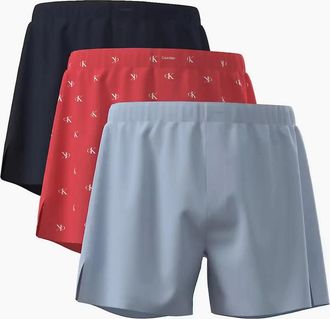 Calvin Klein Mens 3-Pack Allover Logo Traditional-Fit Boxer Shorts, Black/Red/Blue - Size: 35/34/32