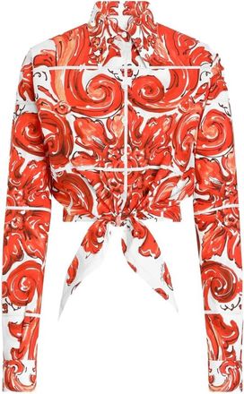 Dolce & Gabbana Overhemden, Dames, Oranje, S, Katoen, Majolica-print Poplin Shirt