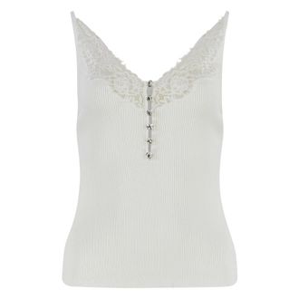 Self Portrait Tops, Dames, Wit, M, Polyester, Lace Trim Rib Knit Top