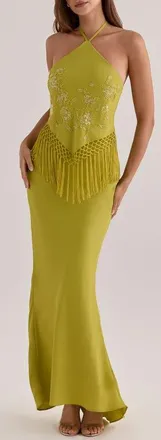 House of CB Sareena Bead Embellished Fringe Halter Dress in Pear at Nordstrom, Size X-Large