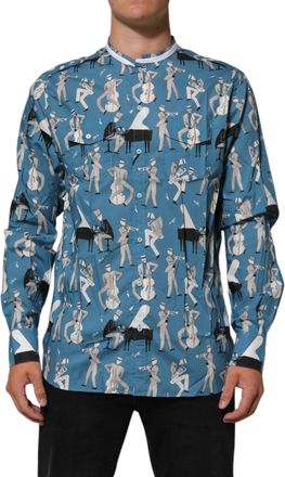 Dolce & Gabbana Mens Blue Jazz Printed Cotton Button Front Shirt