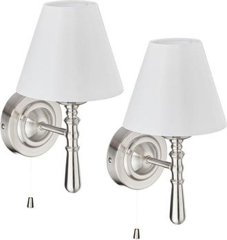 Relaxdays Wall lamps with shades, 2pc, pull switch, hallway/living room, E14, fabric & metal, 28x16x19cm, silver/white - Relaxdays