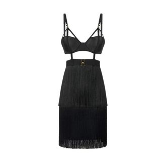Elisabetta Franchi Mini-jurk in lichtgewicht cr&ecirc;pe met franjes - Dames - Jurken - Zwart - Maat: M Poliester