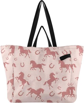 Generic Horse Pink pattern Reusable Canvas Tote Bag, Heavy Duty Grocery Shopping Bag with Large Capacity Double Handles Hard Bottom Work Groceries Travel