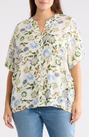 T Tahari Elbow Sleeve Button-Up Shirt in Ivory Green Floral Print at Nordstrom Rack, Size 1X