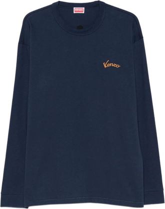 Kenzo Tops, Heren, Blauw, XL, Katoen, Eiffeltoren Design Geborduurd T-shirt met Lange Mouwen