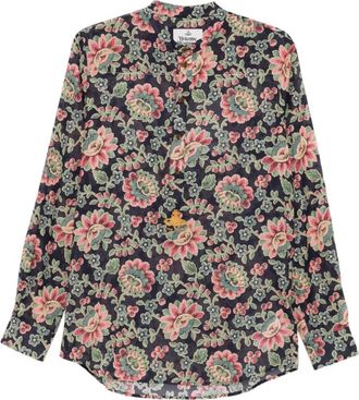Vivienne Westwood Overhemden, Heren, Veelkleurig, L, Blauwe Bloemenprint Shirt met Opstaande Kraag