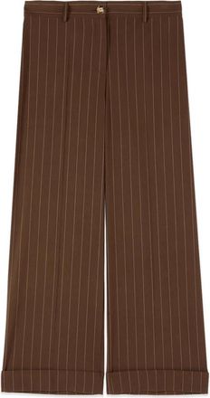 Oltre Gestreepte Cropped Linnenmix Broek - Dames - Wijde Broeken - Bruin - S - Linnen - Broeken