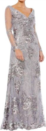Mac Duggal Illusion Sleeve Lace Dress In Platinum