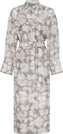 Brunello Cucinelli Leaf Print Belted Midi Jurk - Dames - Shirt Kleedjes - Grijs - L - Kleedjes