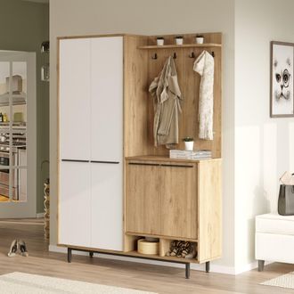 Dmora Mueble De Entrada Tignale, Perchero, 12 Estantes, Puerta Batiente, 147x36x196h Cm Beige