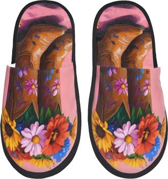 Generic Fleece Slippers Cowboy Boots With Flowers Warm Fuzzy Slippers Portable Cotton Slipper For Bedroom Spa Holiday M