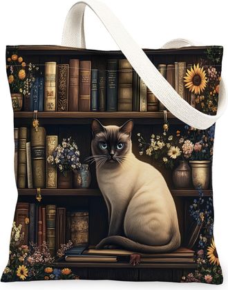 Generic Spring Siamese Cat Canvas Tote Bag for Shopping 13x15, Flower Bookshelf Kitten Reusable Grocery Print Bag for Women, Fun Pet Beach Aesthetic Painting 