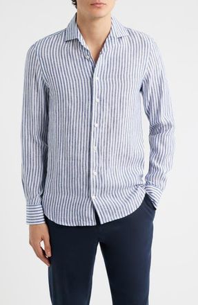 Aur&eacute;lien Seaside Linen Button-Up Shirt in Navy Stripe at Nordstrom, Size Xx-Large