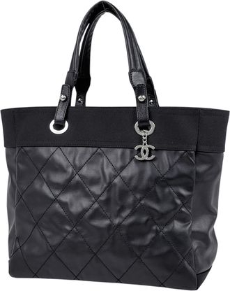 Chanel Black Coated Canvas Leather Tote Bag (Pre-Owned)