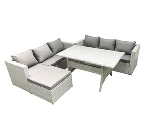 Fimous Rattan Garden Furniture Set 7 Seater Outdoor Sofa Set with Dining Table Big Footstool Light Grey Mixed