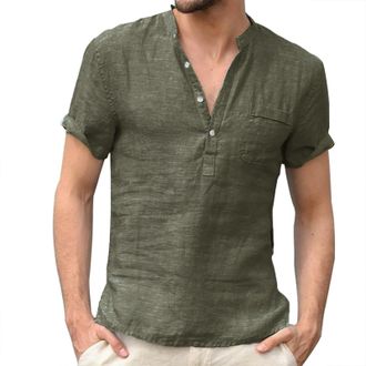 Generic Henley Shirts for Men Short Sleeve Cotton and Linen Shirt with Pocket Button Down T-Shirts Tops Summer Casual Tees Camisetas para Hombres(Green, XL)