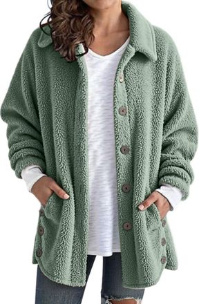 Generic Womens Fleece Jacket Ladies Button Down Lapel Open Front Cardigan Winter Warm Sherpa Fleece Casual Solid Color Plush Teddy Coat Comfortable Fuzzy Oute