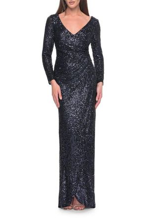La Femme Long Sleeve Sequin Evening Dress with Ruching in Navy at Nordstrom, Size 16