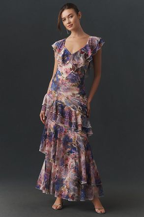 BHLDN Gaia Asymmetric Ruffled Maxi Dress