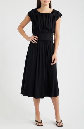 Loveappella Cap Sleeve Ruched Knit Midi Dress in Black at Nordstrom, Size X-Large
