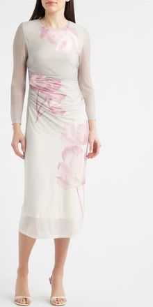 Anne Klein Ruched Long Sleeve Dress in Porcini Multi at Nordstrom, Size Large P
