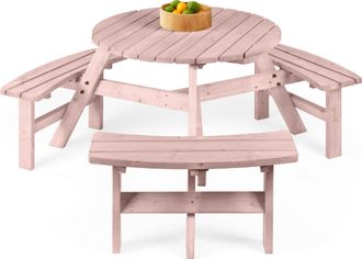 Best Choice Products 6-Person Circular Outdoor Wooden Picnic Table w/ 3 Built-In Benches, Umbrella Hole