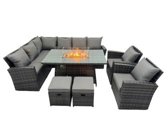 Fimous Rattan Outdoor Gas Firpit Table Sofa Set with 2 Small Stools 2 Chairs in Dark Grey