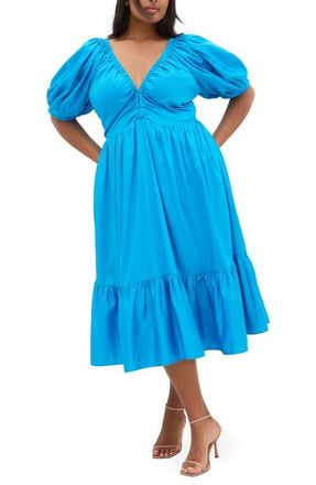 City Chic Grace Puff Sleeve Midi Dress in Azure at Nordstrom, Size Xxxs