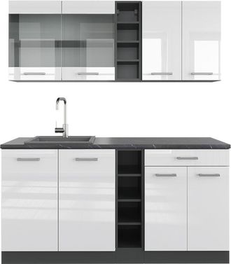 Vicco Cucina completa R-Line, Bianco lucido/antracite, 160 cm senza piano di lavoro