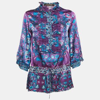 Roberto Cavalli Purple Floral Print Silk Ruffled Top M