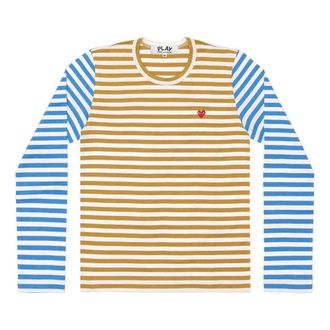 Comme Des Gar&ccedil;ons L/S Bi-Colour Striped Small Emblem T-Shirt Olive Blue AZ-T318-051-5
