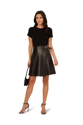 Adrianna Papell Womens Ponte Faux Leather Dress - Black - Size 16 UK