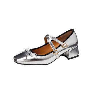 Generic Womens Square Toe PU Leather Mary Janes Low Block Heel Dress Pumps Cross Strap Party Prom Shoes with Buckle,Silver,3.5 UK