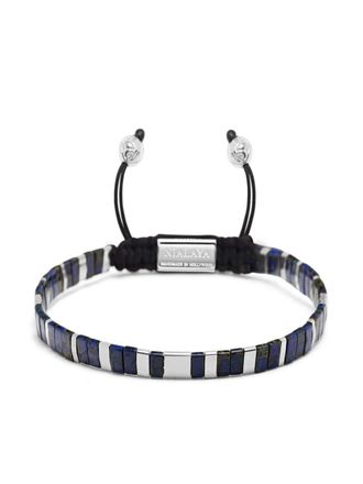 Nialaya logo-engraved beaded bracelet - men - Nylon/glass/stainless steel - 19 - Silver