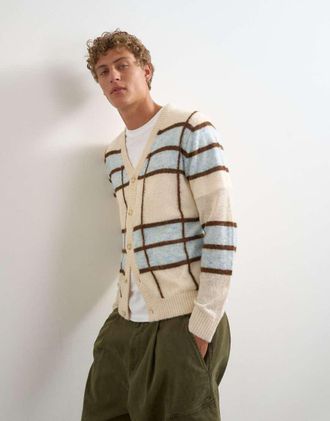 Topman cardigan in maglia trasparente vestibilit&agrave; classica con motivo a quadri ecru-Bianco