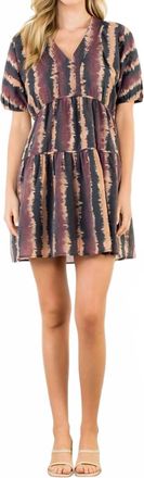 THML Clothing Pleated Trim Puff Sleeve Tie Dye Dress In Wine