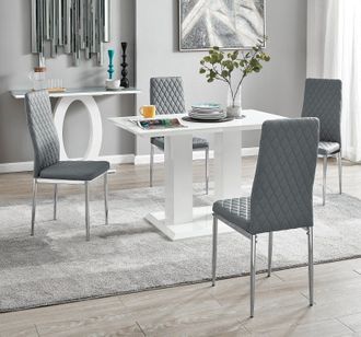 Furniturebox Imperia 4 Seater Modern White High Gloss Rectangular Dining Table & 4 Milan Faux Leather Chairs in Grey