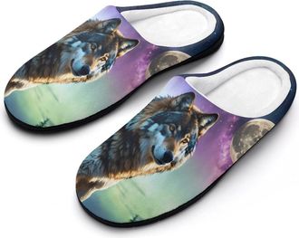 Generic Wolf Northern Light Moon Cotton Slippers for Women Indoor Outdoor Slipper Slip-On Memory Foam Home Shoes