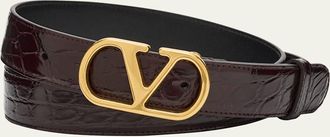 Valentino Garavani Mens VLogo-Buckle Alligator Belt