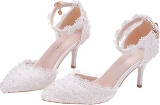 Generic White Lace Wedding Shoes for Bride, 7.5Cm Pointed Toe High Heeled Sandals, WomenS Bridal Party Footwear UK Size 39