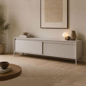 Dmora Mueble Para Tv Kami, Un Estante, 2 Puertas, Acabado Acanalado, 187x40x53h Cm Beige