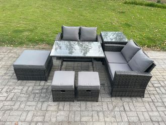 Fimous 7 Seater Garden Dining Set Wicker PE Rattan Outdoor Furniture Sofa with Rectangular Dining Table Double Seat Sofa 3 Footstools Side Table