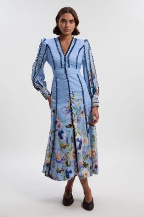 Karen Millen Trailing Floral Woven Plunge Maxi Dress in Blue at Nordstrom, Size 10