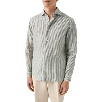 Eton Regular Fit Bengal Stripe Linen Dress Shirt in Dark Green at Nordstrom, Size Xx-Large